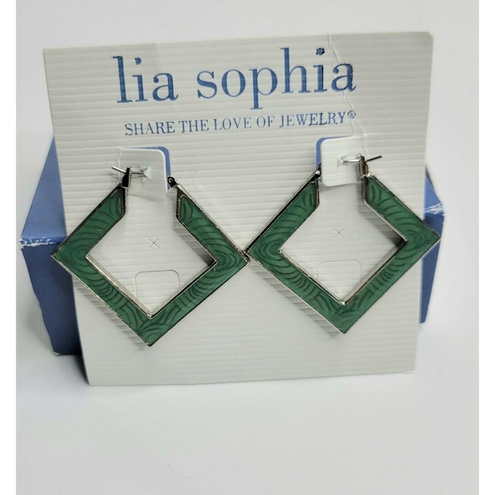 Lia Sophia Light Green Enamel Hoop Earrings Hinge Closure 1 1/8" Original Box - Picture 2 of 6